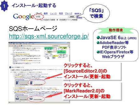 １ インストール・起動する 「SQS」で検索 SQSホームページ 動作環境 JavaSE 6以上 (JRE6)