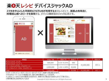 × デバイスジャックAD AD スマホを中心とした月間約670万UBが利用する楽天レシピにて、画面占有率高く、