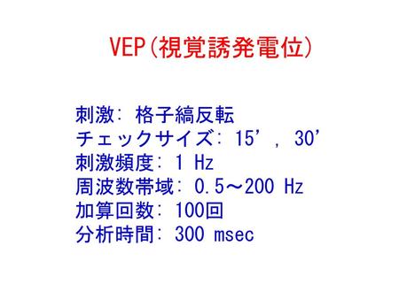 VEP(視覚誘発電位) 刺激: 格子縞反転 チェックサイズ: 15’, 30’ 刺激頻度: 1 Hz 周波数帯域: 0.5～200 Hz