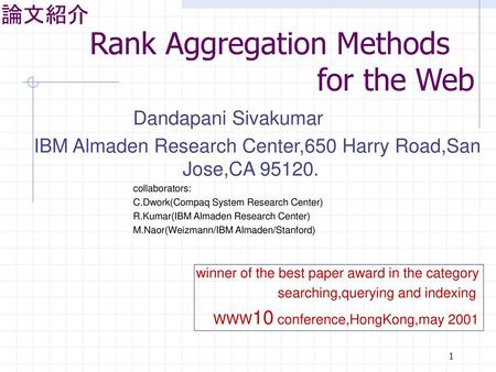 論文紹介 Rank Aggregation Methods for the Web Dandapani Sivakumar