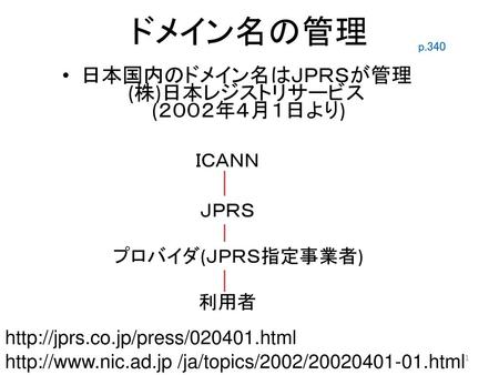 日本国内のドメイン名はＪＰＲＳが管理 (株)日本レジストリサービス (２００２年４月１日より)