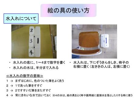 絵の具の使い方 水入れについて ・ 水入れの底に、１～４まで数字を書く ・ 水入れの水は、半分まで入れる