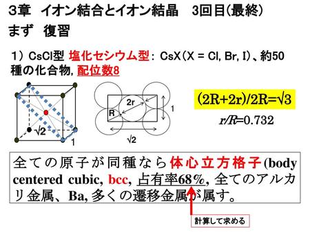 ３章 イオン結合とイオン結晶 3回目(最終) まず 復習 (2R+2r)/2R=3