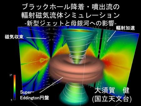 ブラックホール降着・噴出流の 輻射磁気流体シミュレーション 大須賀 健 (国立天文台) -新型ジェットと母銀河への影響- 輻射加速 磁気収束