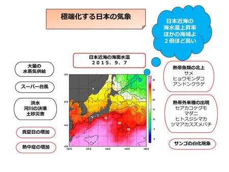極端化する日本の気象 日本近海の 海水温上昇率 ほかの海域よ ２倍ほど高い 日本近海の海面水温 ２０１５．９．７ 大量の 熱帯魚類の北上