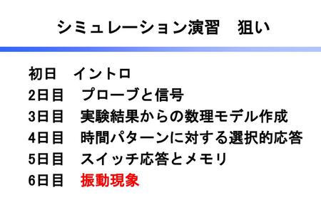 シミュレーション演習 狙い 初日 イントロ 2日目 プローブと信号 3日目 実験結果からの数理モデル作成