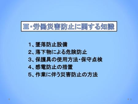 Ⅲ・労働災害防止に関する知識 １、墜落防止設備 ２、落下物による危険防止 ３、保護具の使用方法・保守点検 ４、感電防止の措置
