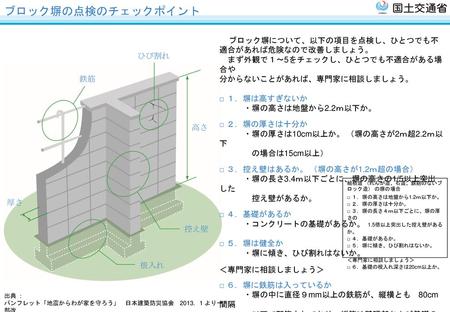 ブロック塀の点検のチェックポイント ブロック塀について、以下の項目を点検し、ひとつでも不適合があれば危険なので改善しましょう。