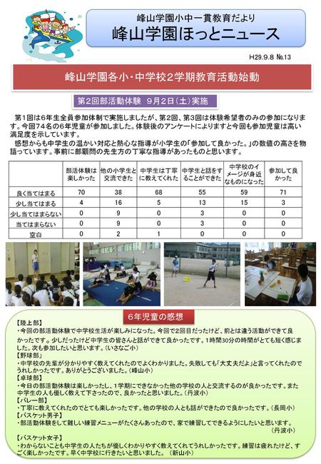 峰山学園ほっとニュース 峰山学園各小・中学校２学期教育活動始動 峰山学園小中一貫教育だより 第２回部活動体験 ９月２日（土）実施