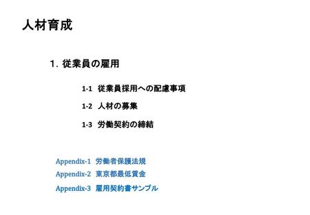 人材育成 １．従業員の雇用 1-1 従業員採用への配慮事項 1-2 人材の募集 1-3 労働契約の締結 Appendix-1 労働者保護法規