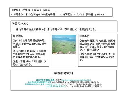 ＜教科＞　社会科　＜学年＞　５学年 ＜単元名＞1 米づくりのさかんな庄内平野　　　＜時間配当＞　３／１２　教科書　ｐ１０～１１ 学習のめあて　　