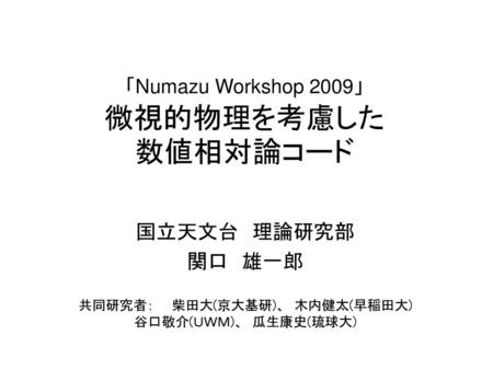 「Numazu Workshop 2009」 微視的物理を考慮した 数値相対論コード