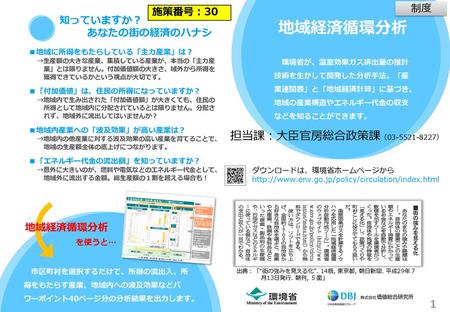 地域経済循環分析 担当課：大臣官房総合政策課（ ） 制度 施策番号：30 知っていますか？ あなたの街の経済のハナシ