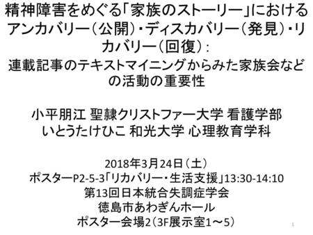 統合失調症の闘病記における回復の語りのテキストマイニング ナラティブ教材としての教育的意義 小 平 朋 江 いとうたけひこ 日本看護学教育学会第24回学術集会 幕張メッセ国際会議場 ｐ9 3 教授方略 1 14年8月27日 水 14 15 Ppt Download