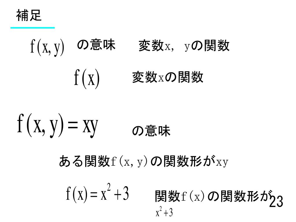 補足 の意味 変数x, yの関数 変数xの関数 の意味 ある関数f(x,y)の関数形がxy 関数f(x)の関数形が