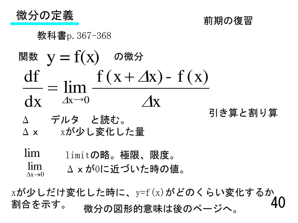 微分の定義 前期の復習 教科書p 関数 の微分 引き算と割り算 Δ デルタ と読む。 Δｘ xが少し変化した量