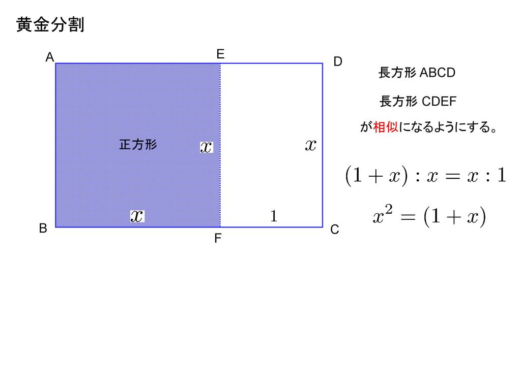 黄金分割 A E D 長方形 ABCD 長方形 CDEF が相似になるようにする。 正方形 B C F