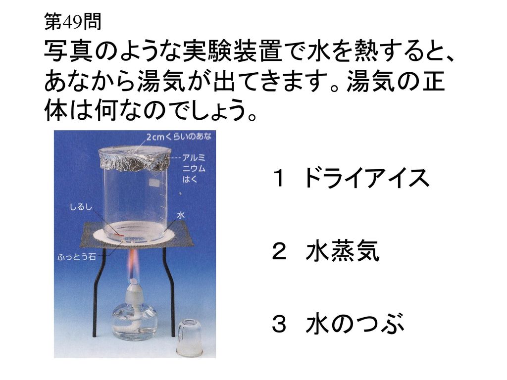 第49問 写真のような実験装置で水を熱すると、あなから湯気が出てきます。湯気の正体は何なのでしょう。
