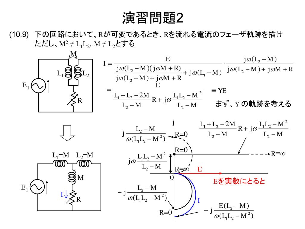 演習問題2 (10.9) 下の回路において、Rが可変であるとき、Rを流れる電流のフェーザ軌跡を描け