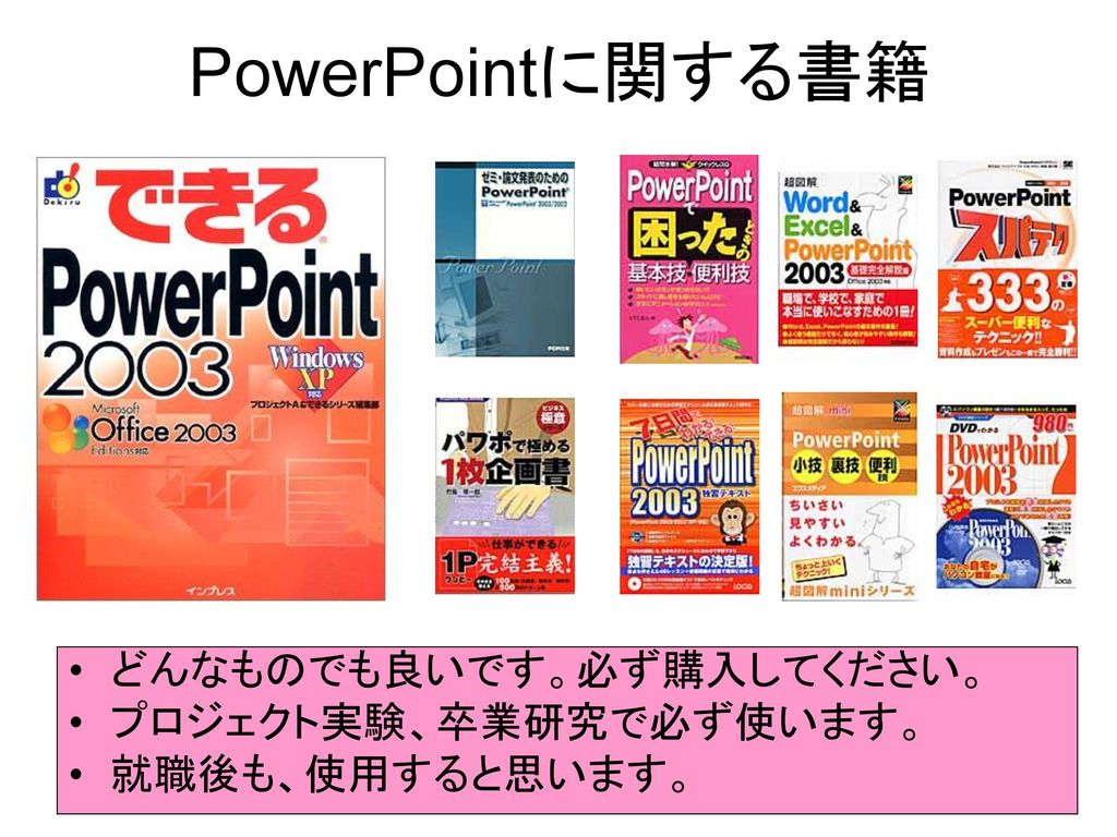 PowerPointに関する書籍 どんなものでも良いです。必ず購入してください。 プロジェクト実験、卒業研究で必ず使います。