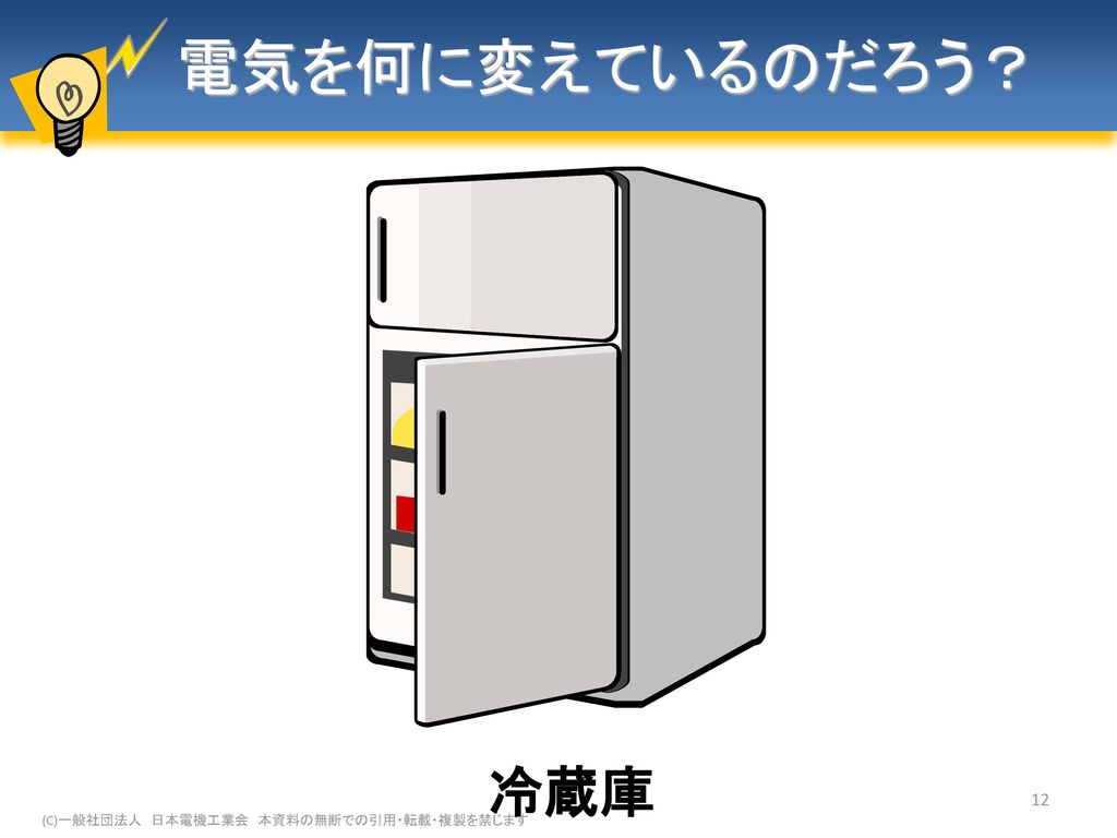 冷蔵庫の電気の変換 電気 冷蔵庫が冷えるのは 電気が「熱」に変わるからでしょうか？ 明かり 冷やす？？ 音での お知らせ 13