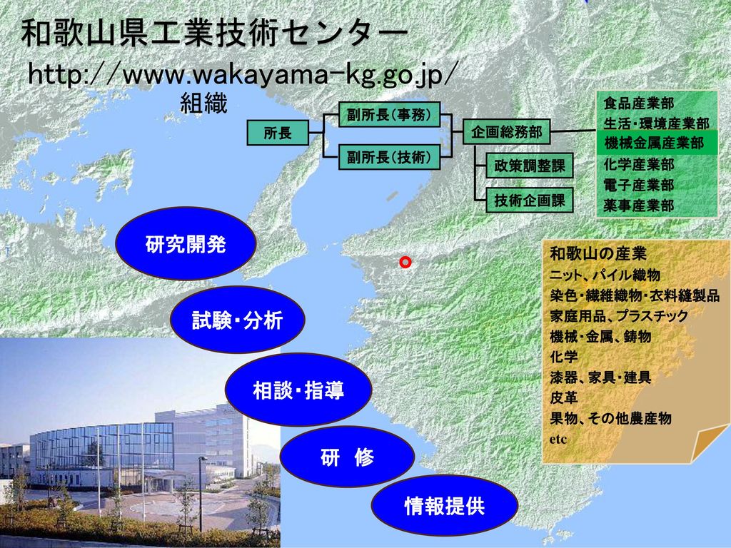 和歌山県工業技術センター   組織 研究開発 試験・分析 相談・指導 研 修