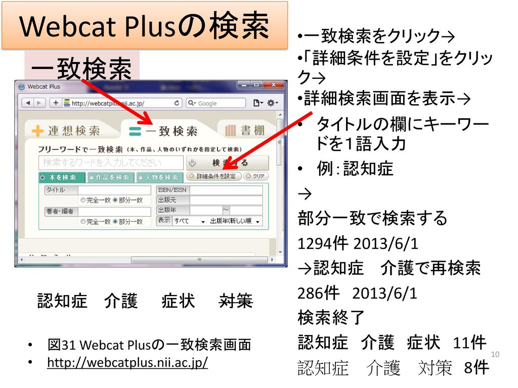 Webcat Plusの検索 一致検索 一致検索をクリック→ 「詳細条件を設定」をクリック→ 詳細検索画面を表示→
