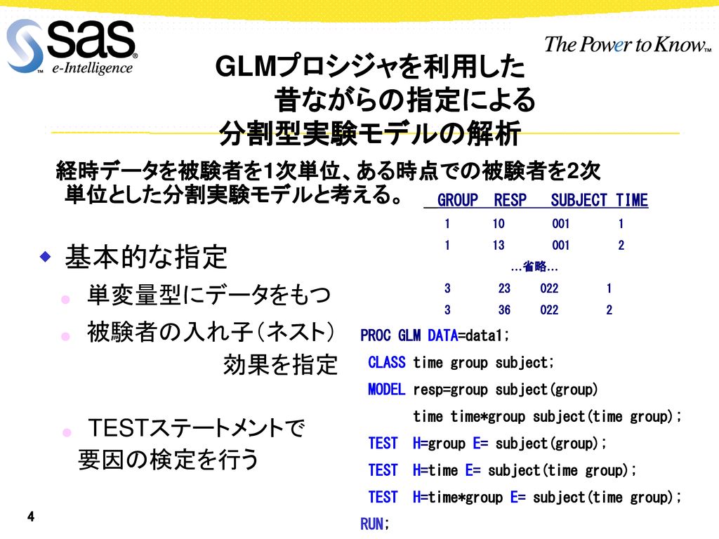 GLMプロシジャを利用した 昔ながらの指定による 分割型実験モデルの解析