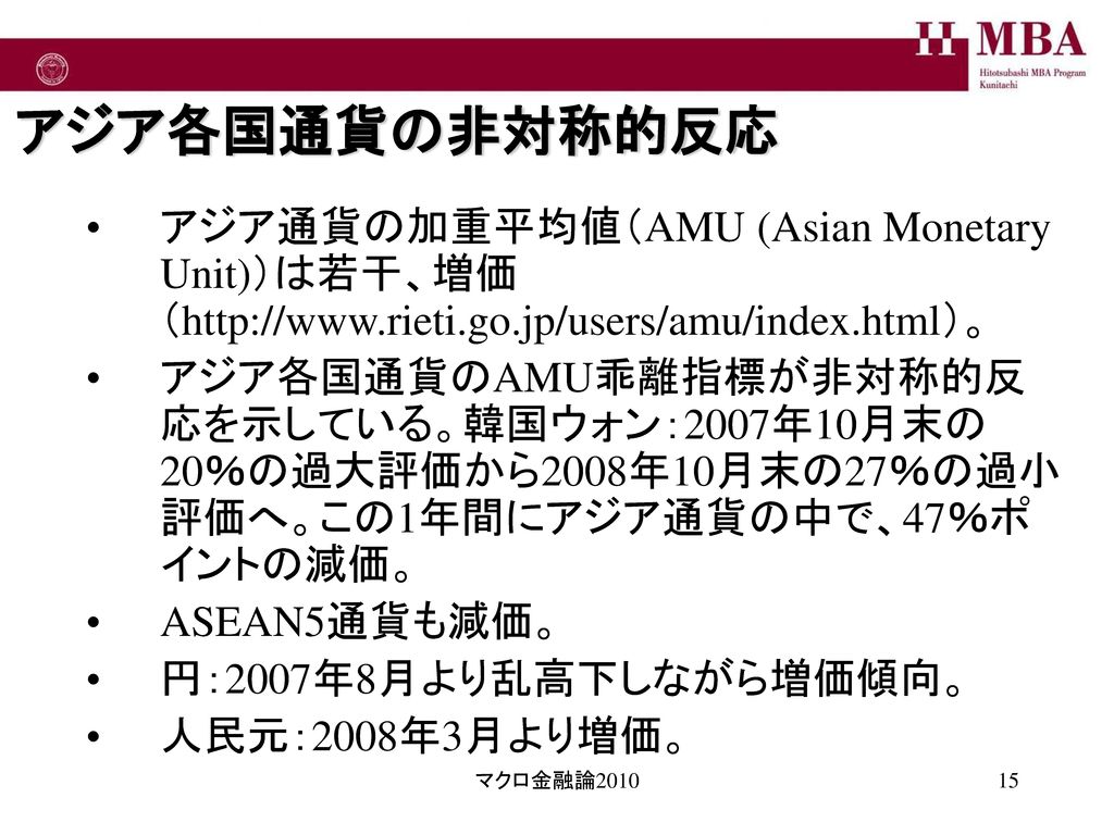 アジア各国通貨の非対称的反応 アジア通貨の加重平均値（AMU (Asian Monetary Unit)）は若干、増価（