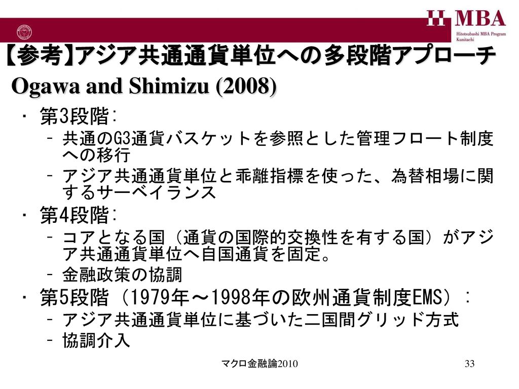 【参考】アジア共通通貨単位への多段階アプローチ Ogawa and Shimizu (2008)