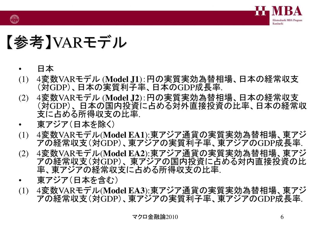 【参考】VARモデル 日本. 4変数VARモデル (Model J1)：円の実質実効為替相場、日本の経常収支（対GDP）、日本の実質利子率、日本のGDP成長率.