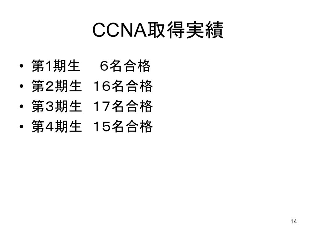CCNA取得実績 第1期生 ６名合格 第２期生 １６名合格 第３期生 １７名合格 第４期生 １５名合格