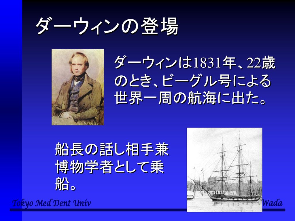 ダーウィンの登場 ダーウィンは1831年、22歳のとき、ビーグル号による世界一周の航海に出た。 船長の話し相手兼博物学者として乗船。
