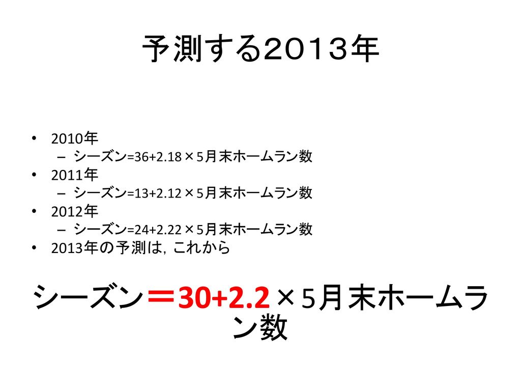 予測する２０１３年 シーズン＝30+2.2×5月末ホームラン数 2010年 2011年 2012年 2013年の予測は，これから