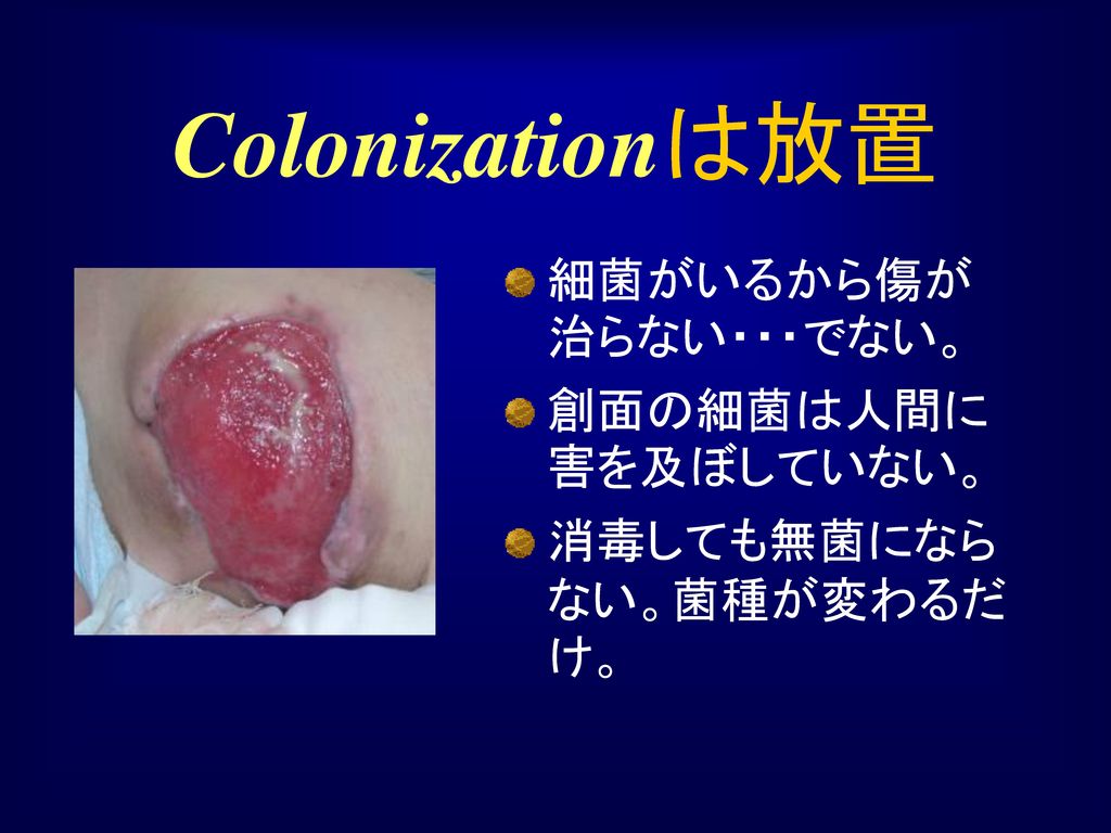 Colonizationは放置 細菌がいるから傷が治らない・・・でない。 創面の細菌は人間に害を及ぼしていない。
