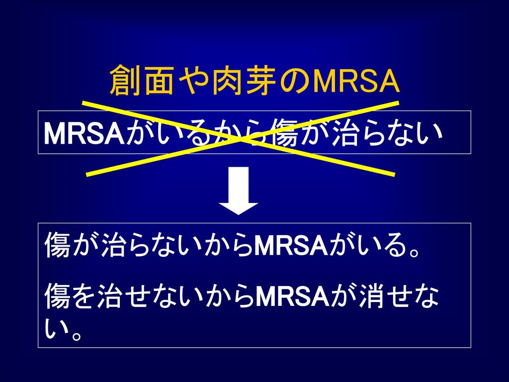 創面や肉芽のMRSA 傷が治らないからMRSAがいる。 傷を治せないからMRSAが消せない。 MRSAがいるから傷が治らない
