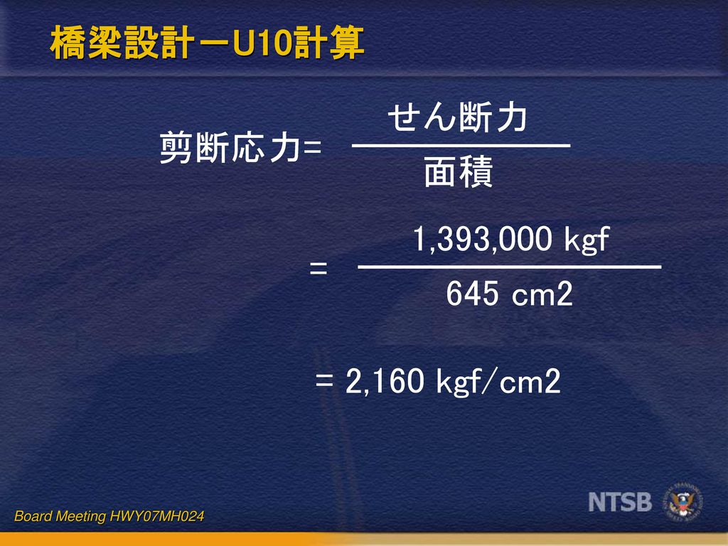 橋梁設計－U10計算 せん断力 面積 剪断応力= 1,393,000 kgf 645 cm2 = = 2,160 kgf/cm2 15