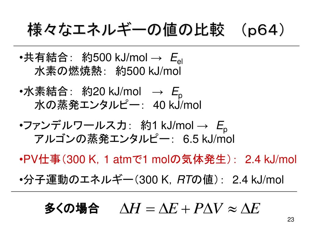 様々なエネルギーの値の比較 （ｐ６４） 多くの場合 共有結合： 約500 kJ/mol → Eel 水素の燃焼熱： 約500 kJ/mol
