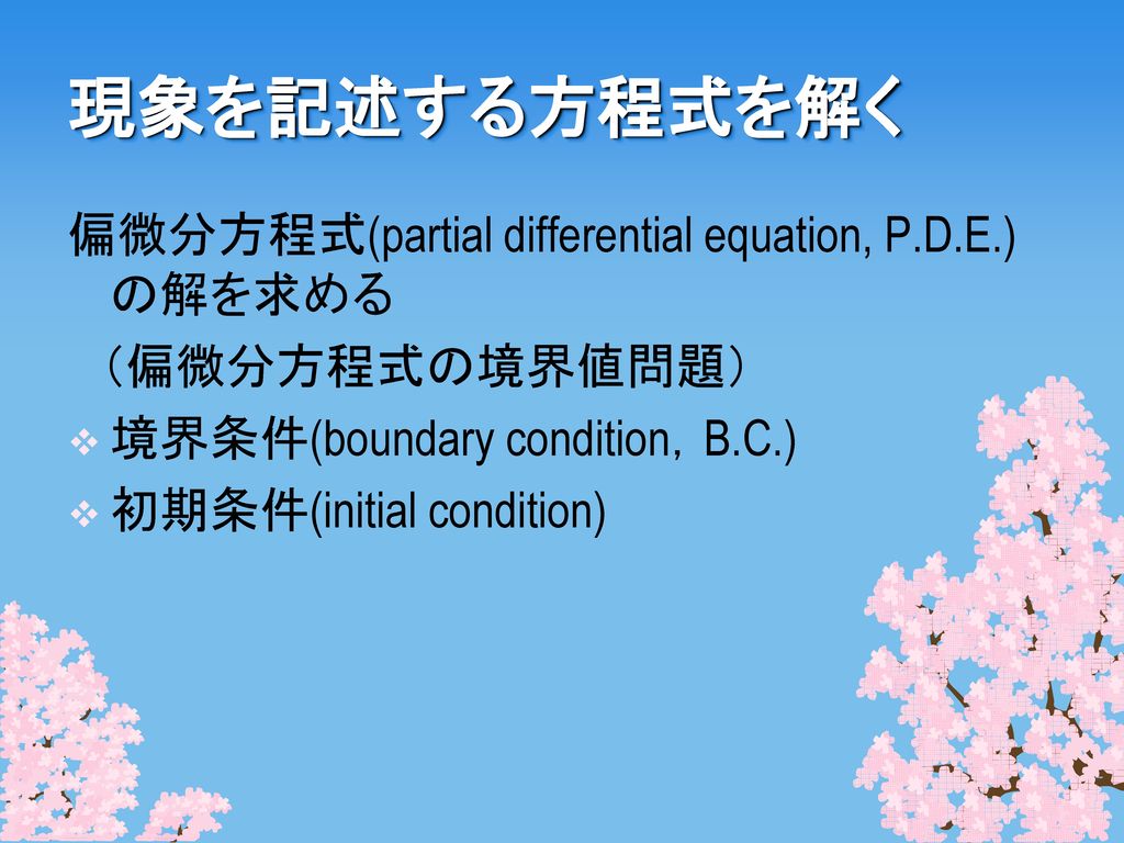 現象を記述する方程式を解く 偏微分方程式(partial differential equation, P.D.E.)の解を求める