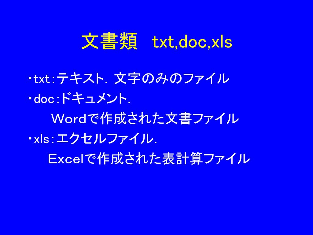 文書類 txt,doc,xls ・txt：テキスト．文字のみのファイル ・doc：ドキュメント． Ｗｏｒｄで作成された文書ファイル