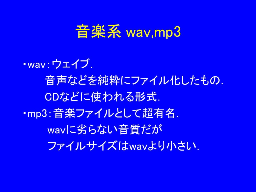 音楽系 wav,mp3 ・wav：ウェイブ． 音声などを純粋にファイル化したもの． CDなどに使われる形式．