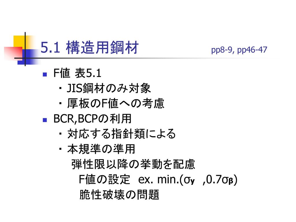 5.1 構造用鋼材 pp8-9, pp46-47 F値 表5.1 ・ JIS鋼材のみ対象 ・ 厚板のF値への考慮 BCR,BCPの利用