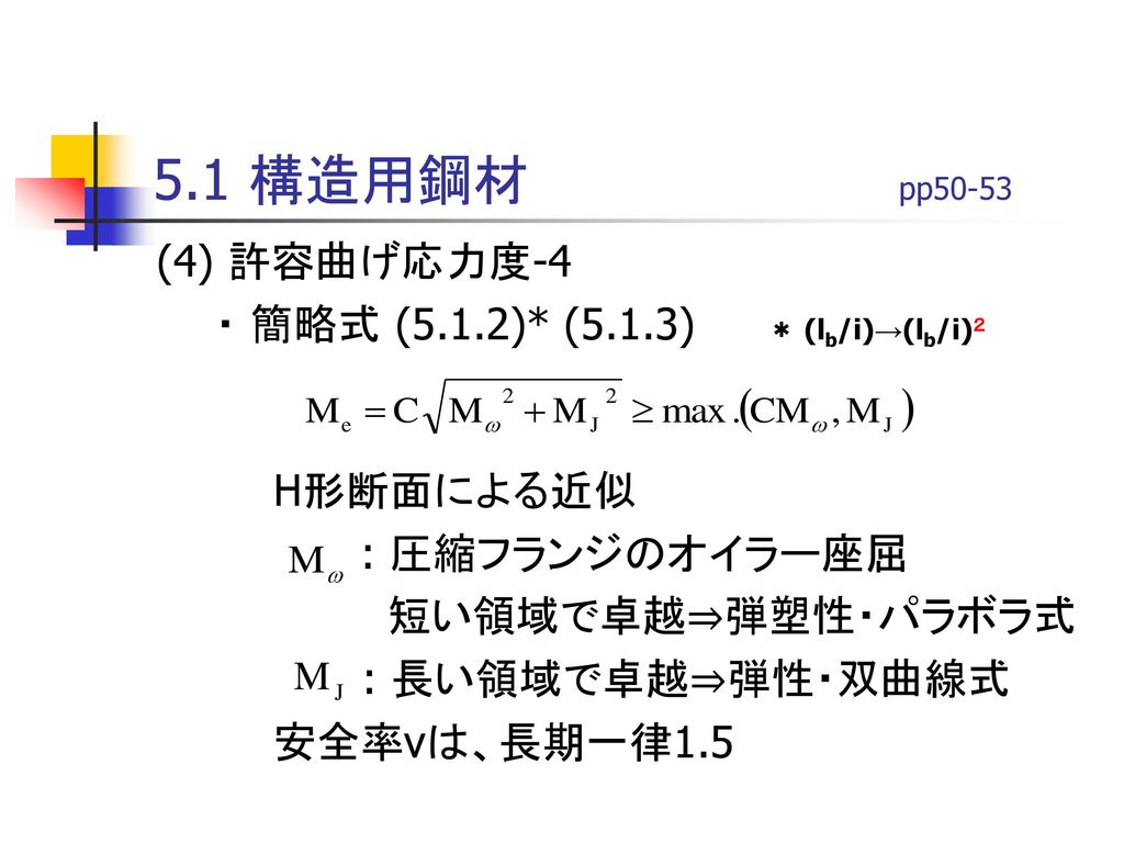 5.1 構造用鋼材 pp50-53 (4) 許容曲げ応力度-4. ・ 簡略式 (5.1.2)* (5.1.3) ＊ (lb/i)→(lb/i)２. H形断面による近似.