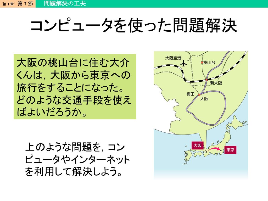 コンピュータを使った問題解決 大阪の桃山台に住む大介くんは，大阪から東京への旅行をすることになった。どのような交通手段を使えばよいだろうか。