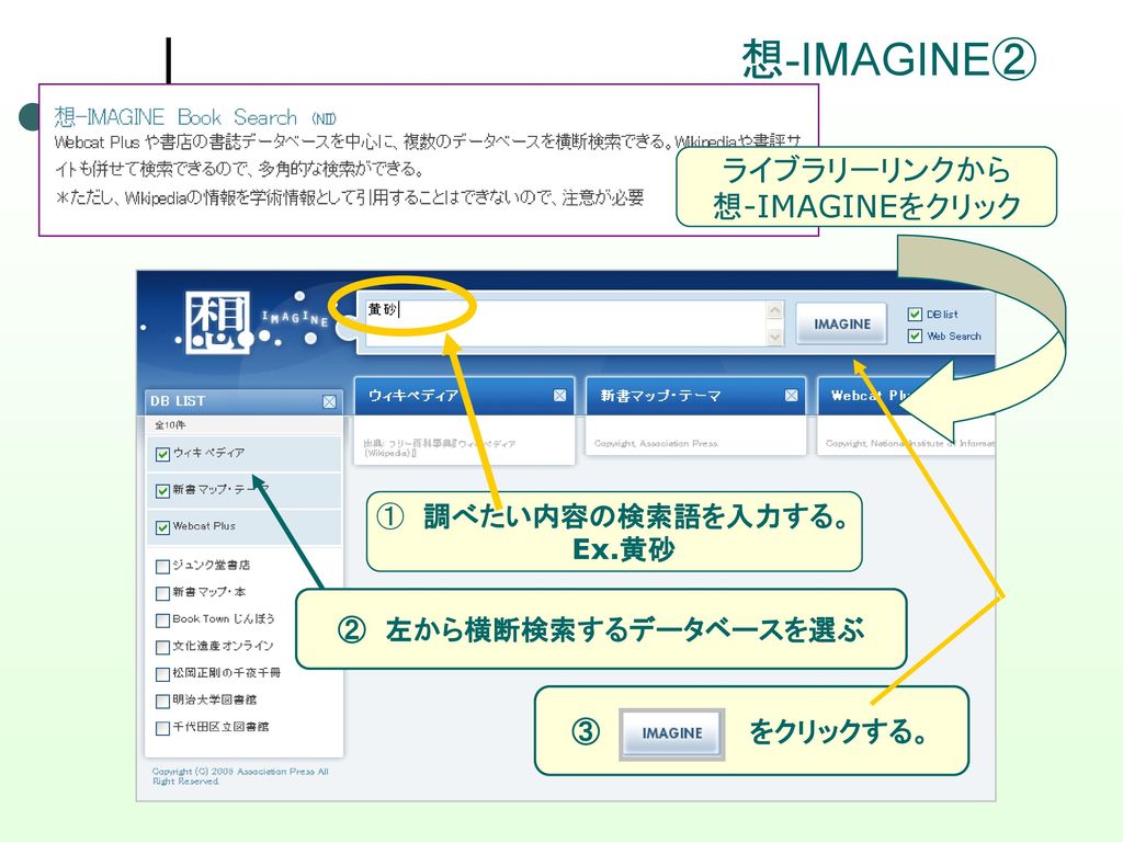 想-IMAGINE② ライブラリーリンクから 想-IMAGINEをクリック ① 調べたい内容の検索語を入力する。 Ex.黄砂