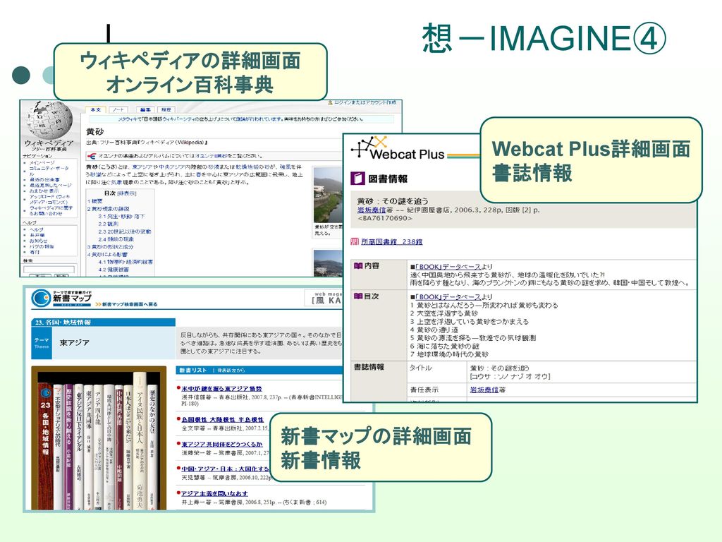 想－IMAGINE④ ウィキペディアの詳細画面 オンライン百科事典 Webcat Plus詳細画面 書誌情報 新書マップの詳細画面 新書情報
