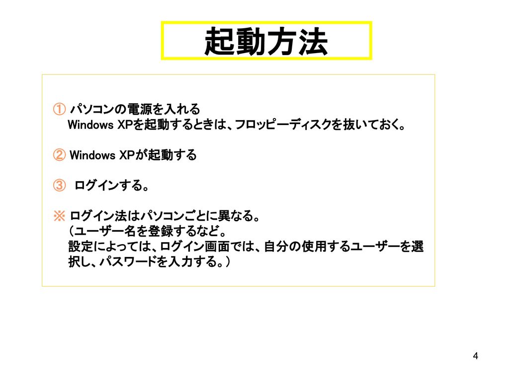 起動方法 ① パソコンの電源を入れる Windows XPを起動するときは、フロッピーディスクを抜いておく。