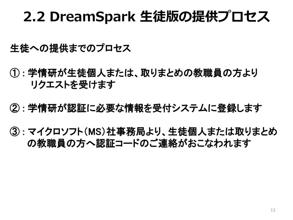 2.2 DreamSpark 生徒版の提供プロセス