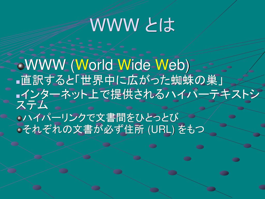 WWW とは WWW (World Wide Web) 直訳すると「世界中に広がった蜘蛛の巣」