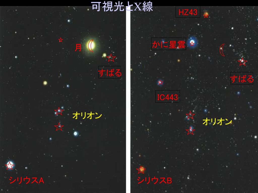 可視光とX線 HZ43 かに星雲 月 すばる すばる IC443 オリオン オリオン シリウスA シリウスB